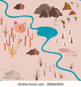 Seamless pattern: savanna, cactus, rocks, trees, river
