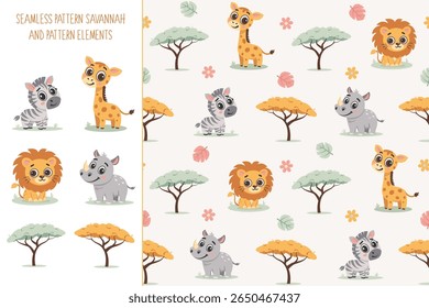 Seamless pattern Savannah and pattern elements: giraffe, zebra, lion, rhinoceros, trees. Children's pattern for textiles, fights, packaging. Vector illustration