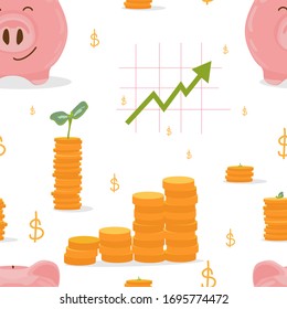 Seamless pattern of saving money concept, pink pig piggy bank and stacks of gold coins with green plants for interest growing isolated on a white background.Vector stock illustration in flat style.