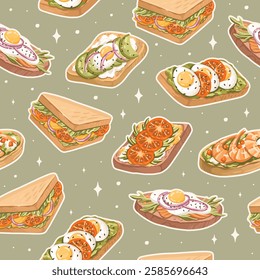 Seamless Pattern with Savory and Sweet Toasts for a Perfect Breakfast. Perfect Balanced snacks. Vector.