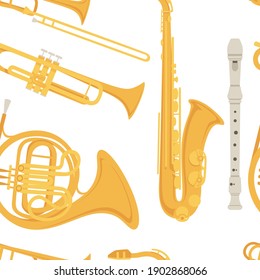 Seamless pattern Saxophone and classical French horn musical instrument with flowing musical notes vector illustration