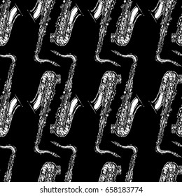 Seamless pattern with saxophone. Vector illustration in vintage engraved style on black background.  