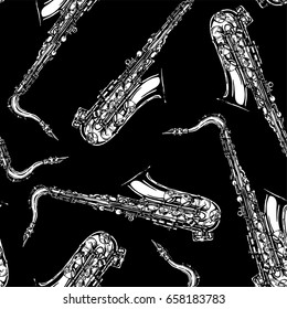 Seamless pattern with saxophone. Vector illustration in vintage engraved style on black background.  