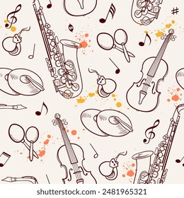 Seamless pattern with saxophone and violin. Hand drawn vector background with jazz musical instruments