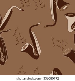 Seamless    pattern  of saxophones  motif, doodles, objects,notes . Hand drawn.