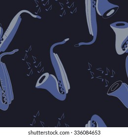 Seamless    pattern  of saxophones  motif, doodles, objects,notes . Hand drawn.