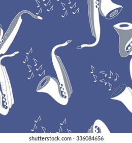 Seamless    pattern  of saxophones  motif, doodles, objects,notes . Hand drawn.