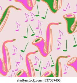 Seamless    pattern  of saxophones  motif, doodles, objects,notes . Hand drawn.
