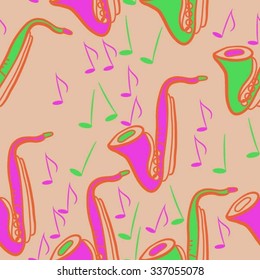 Seamless    pattern  of saxophones  motif, doodles, objects,notes . Hand drawn.