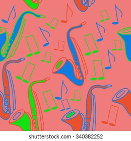 Seamless    pattern  of saxophones  motif, doodles, objects,notes. Hand drawn.
