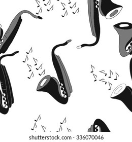 Seamless    pattern  of saxophones  motif, hole,  spots, objects,notes . Hand drawn.