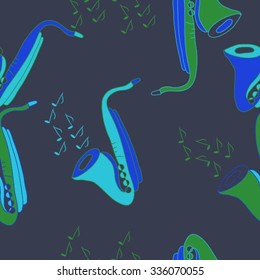 Seamless    pattern  of saxophones  motif, hole,  spots, objects,notes . Hand drawn.