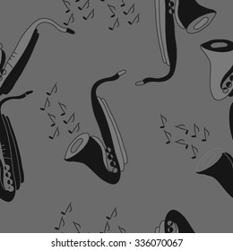 Seamless    pattern  of saxophones  motif, hole,  spots, objects,notes . Hand drawn.