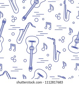 Seamless pattern with saxophones, notes, guitars. Musical instruments.