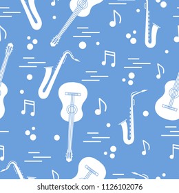 Seamless pattern with saxophones, notes, guitars. Musical instruments.