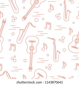 Seamless pattern with saxophones, notes, guitars. Musical instruments.