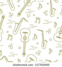 Seamless pattern with saxophones, notes, guitars. Musical instruments.