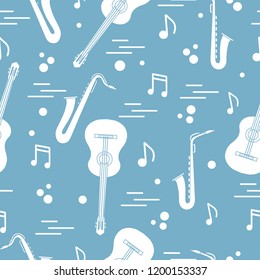 Seamless pattern with saxophones, notes, guitars. Musical instruments.