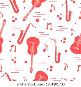 Seamless pattern with saxophones, notes, guitars. Musical instruments.
