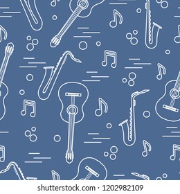 Seamless pattern with saxophones, notes, guitars. Musical instruments.