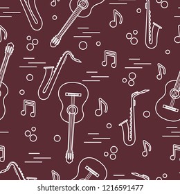 Seamless pattern with saxophones, notes, guitars. Musical instruments.