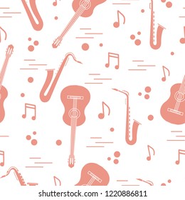 Seamless pattern with saxophones, notes, guitars. Musical instruments.