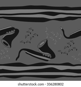 Seamless pattern of saxophones and striped motif, doodles, objects,notes . Hand drawn.