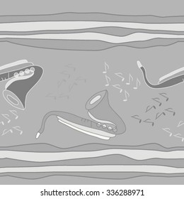Seamless pattern of saxophones and striped motif, doodles, objects,notes . Hand drawn.