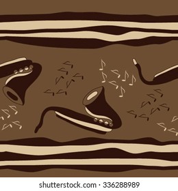 Seamless pattern of saxophones and striped motif, doodles, objects,notes . Hand drawn.