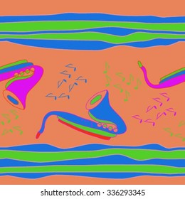 Seamless pattern of saxophones and striped motif, doodles, objects,notes . Hand drawn.