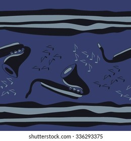 Seamless pattern  of saxophones and striped motif, doodles, objects,notes . Hand drawn.