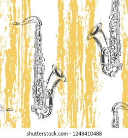 Seamless pattern with saxophones and vertical texture stripes on a white background.  Vector illustration.