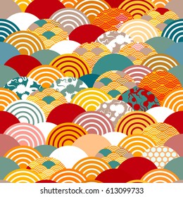 seamless pattern scales simple Nature background with japanese sakura flower, rosy pink Cherry, wave circle pattern orange red burgundy teal colors. Vector illustration