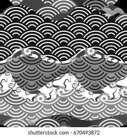 seamless pattern scales simple Nature background with japanese sakura flower Cherry, wave circle pattern black and white background. Vector