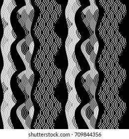 seamless pattern scales simple Nature background with japanese wave circle black grey and white background. Vector