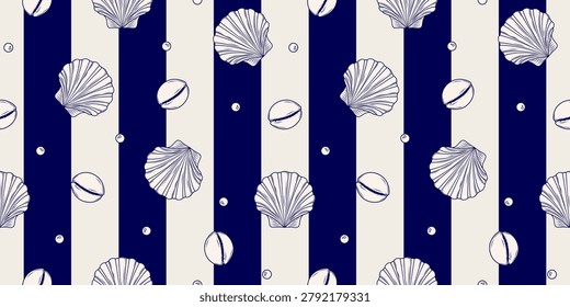 Seamless pattern with scallop and cowrie seashell on dark blue striped background. Vector illustration