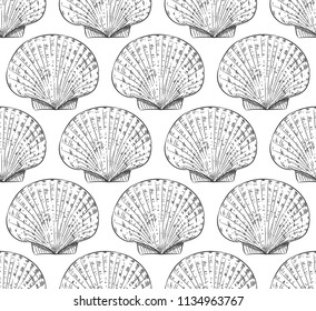 seamless pattern scallop is a marine bivalve mollusc of the family Pectinidae. sea snails, live in all the world's oceans. Sketch black contour on white background. Vector
