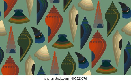 Seamless Pattern of Scallop seashell. Flat design style. Four beautiful seashells. Beautiful color transitions. Illustrations suitable for summer trips on the sea or for dishes made from sea food