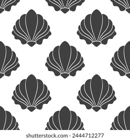 Seamless pattern of scallop seashells. Black silhouette of seashells on a white background. Vector