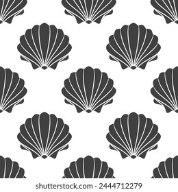Seamless pattern of scallop seashells. Black silhouette of seashells on a white background. Vector