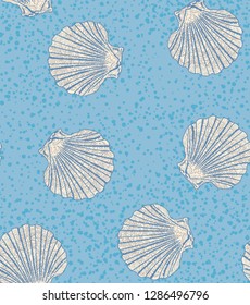 seamless pattern with scallop shells on a blue fond