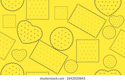 Seamless pattern of Scalloped cookie or assorted biscuit shapes including round, square, rectangle, heart with dotted textures, outline style on yellow background, fabric, or wallpaper design.