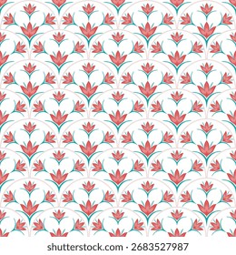 Seamless pattern of scallops decorated with floral and leaf patterns on whitw background