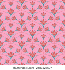 Seamless pattern of scallops decorated with floral and leaf patterns with pink background