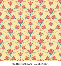 Seamless pattern of scallops decorated with floral and leaf patterns on yellow background