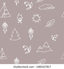Seamless pattern with Scandi elements. Mountains, sky, tent, dream catcher, fire, tree,leaf, sun. For textiles, packaging, carton, cardboard, wrapping paper and other. Cartoon style. Vector