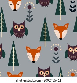 seamless pattern scandi style with fox owl and trees