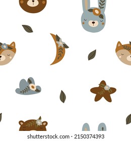 Seamless pattern with scandinavian animal faces in boho style and outer space elements. vector illustration isolated on white background