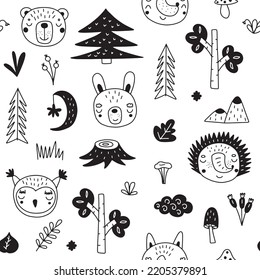 Seamless pattern of scandinavian animals. Drawn by hand. Doodle cartoon animals with elements of the forest and gifts of nature for children's posters, postcards. Vector illustration.