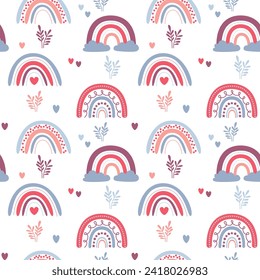 Seamless pattern with Scandinavian boho rainbows. Vector doodle background in pastel colors.